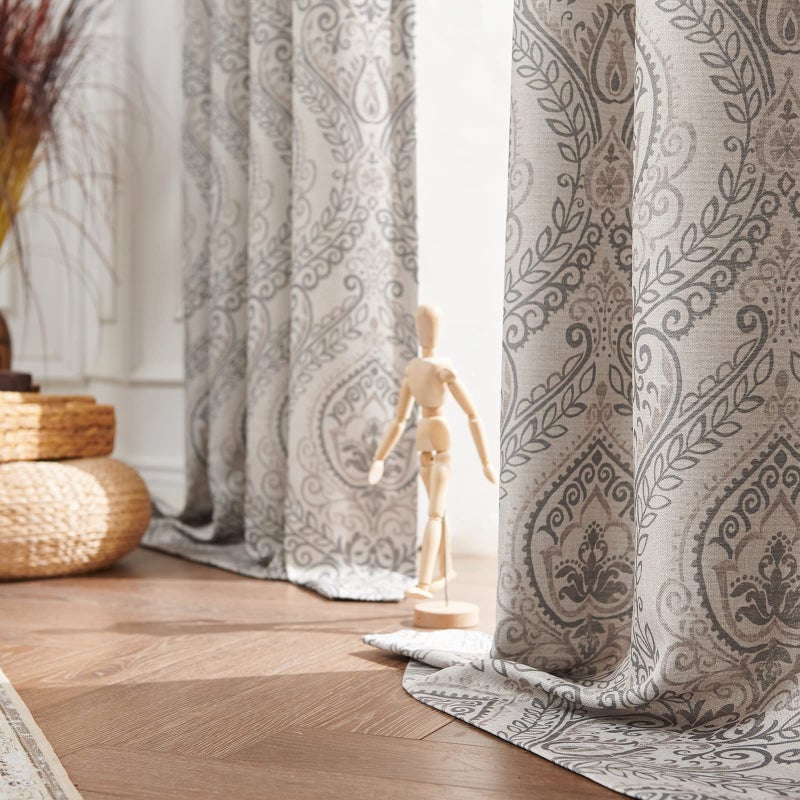 jinchan Linen Textured Curtains for Living Room Darkening 63 Inch Length, Medallion Drapes for Bedroom, Damask Pattern Window Treatments Vintage Curtain Panels, 2 Panels Grey on Greige - Image 5